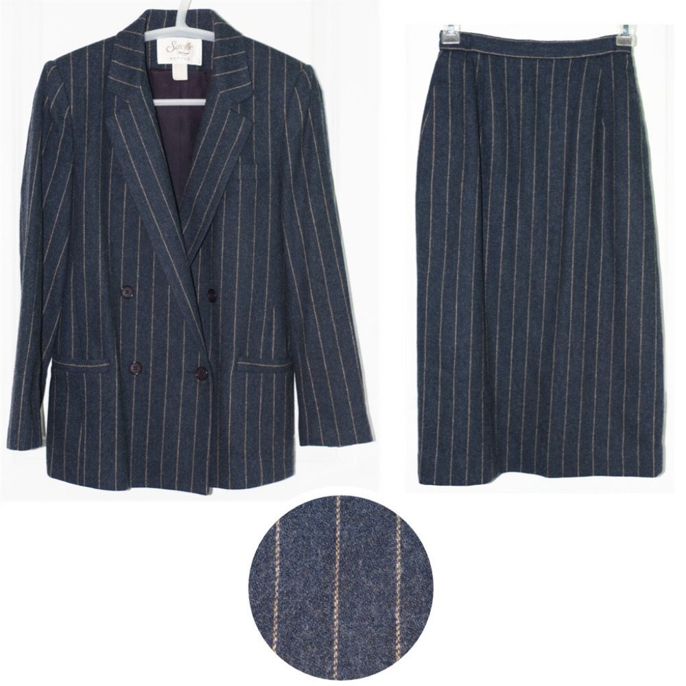 Saville Vintage 80% Wool Pinstripe Midi-Skirt Suit